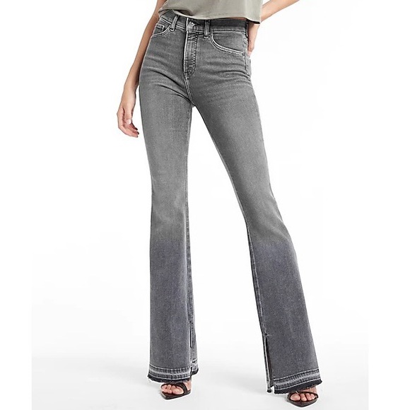 Express Denim - High Waisted Gray Side Slit Raw Released Hem Flare Jeans